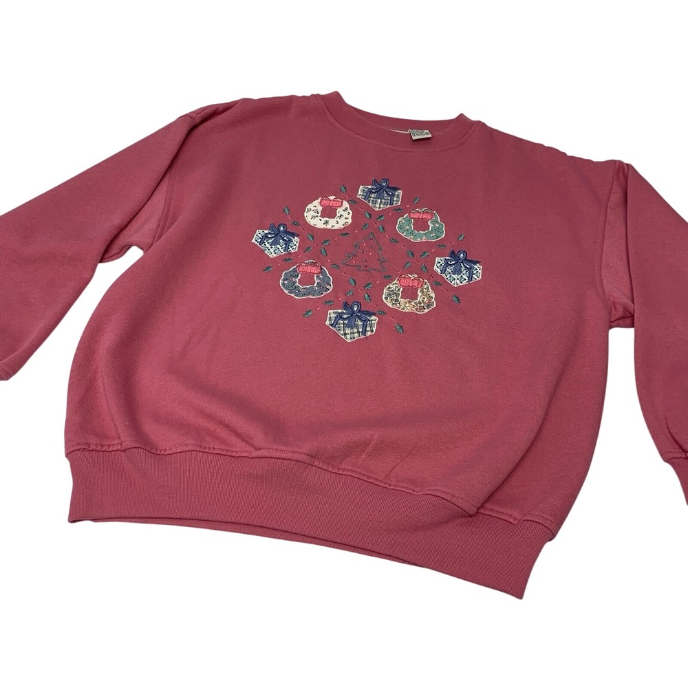 Vintage 90s Holiday Sweatshirt Embroidery Cottage Core Grandma Retro Medium Pink